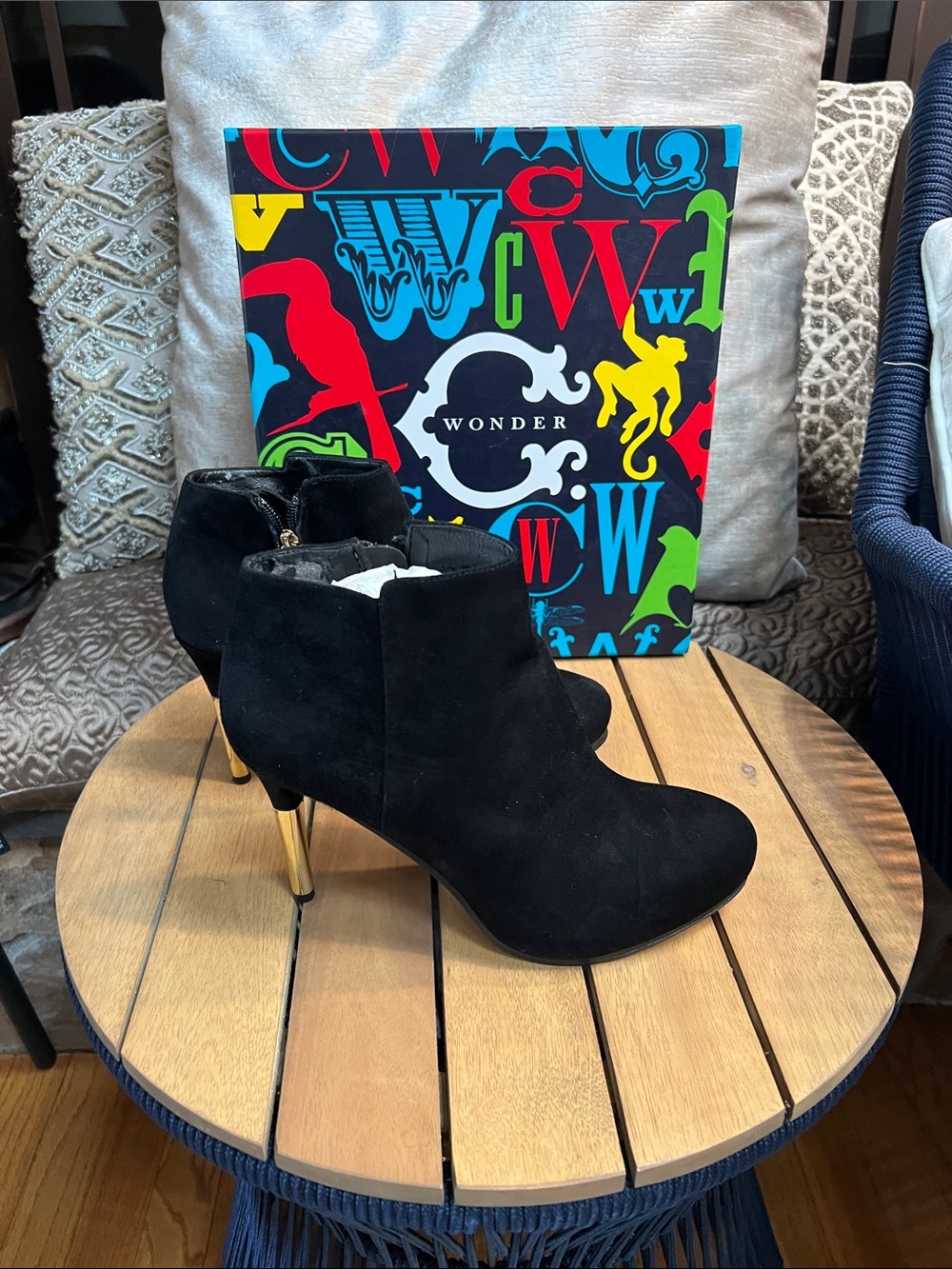 C. Wonder Black Suede Ankle Boots with Gold Heel